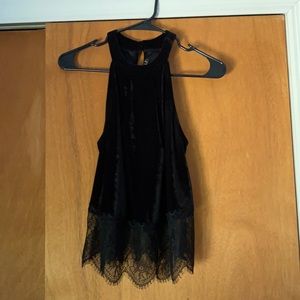 High neck crushed velvet lace trim black tank